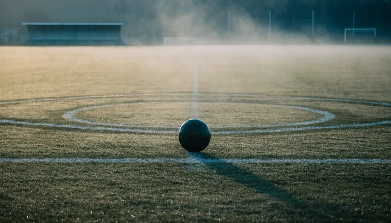 Ein einzelner Fussball liegt auf dem Anstosspunkt eines leeren Rasenplatzes am frühen Morgen, Tau glitzert auf dem Gras, die Tribüne liegt im Dunst.