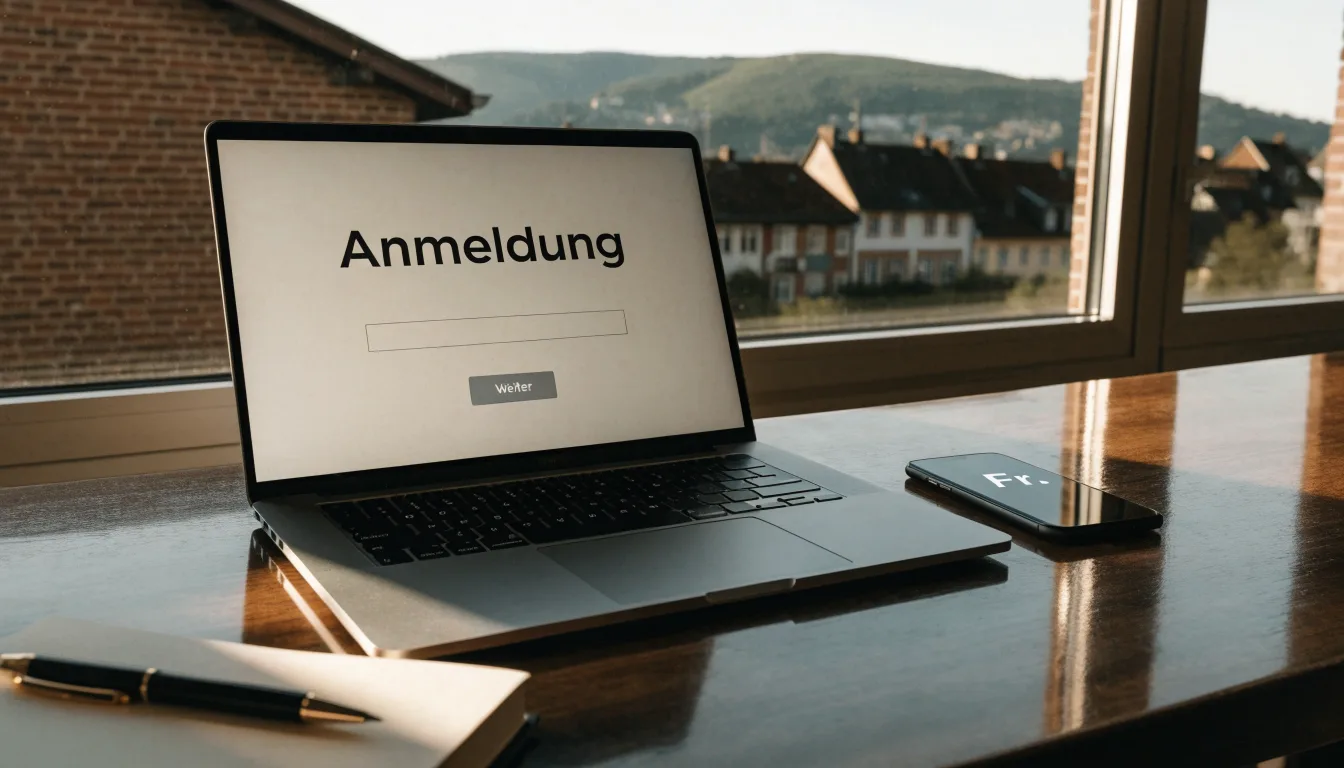 Eine Waage aus Messing steht auf einem polierten Schreibtisch vor einem Fenster mit Blick auf Dächer und sanfte Hügel.