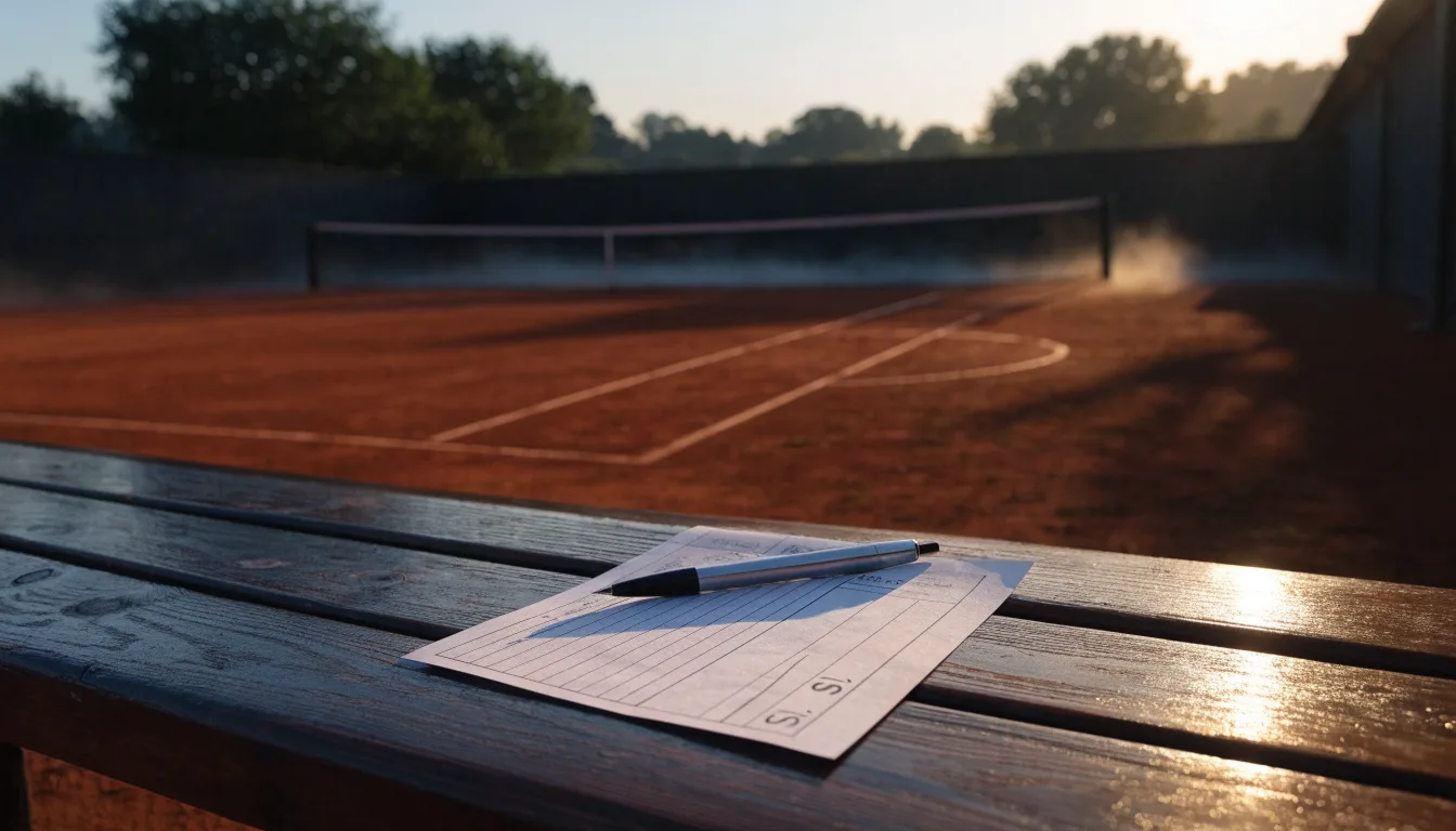 Ein Tennisplatz bei Sonnenaufgang, die Linien frisch gezogen, das Netz in der Mitte und Nebel über dem Boden.