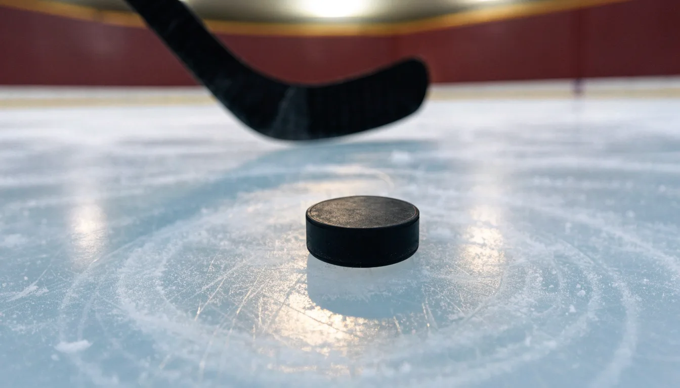 Ein Eishockeypuck liegt auf dem Eis, im Hintergrund unscharf die Bande unter hellem Hallenlicht.