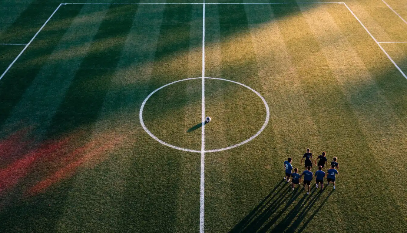 Ein Fussballplatz von oben gesehen, die Linien bilden ein helles Muster auf dem Rasen, Drohnenperspektive in der Morgendämmerung.