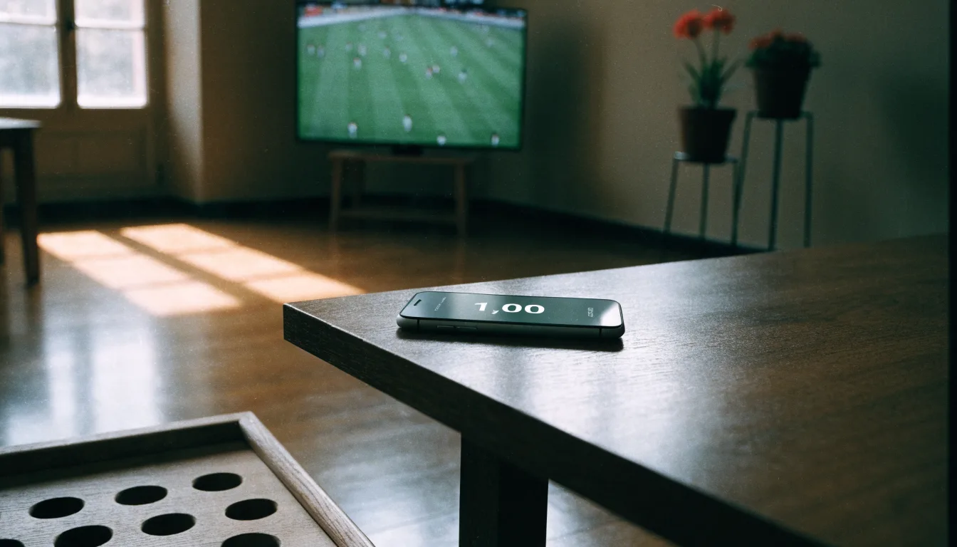 Ein Tischfussballtisch steht in einem leeren Aufenthaltsraum, Nachmittagslicht fällt durch ein Fenster.