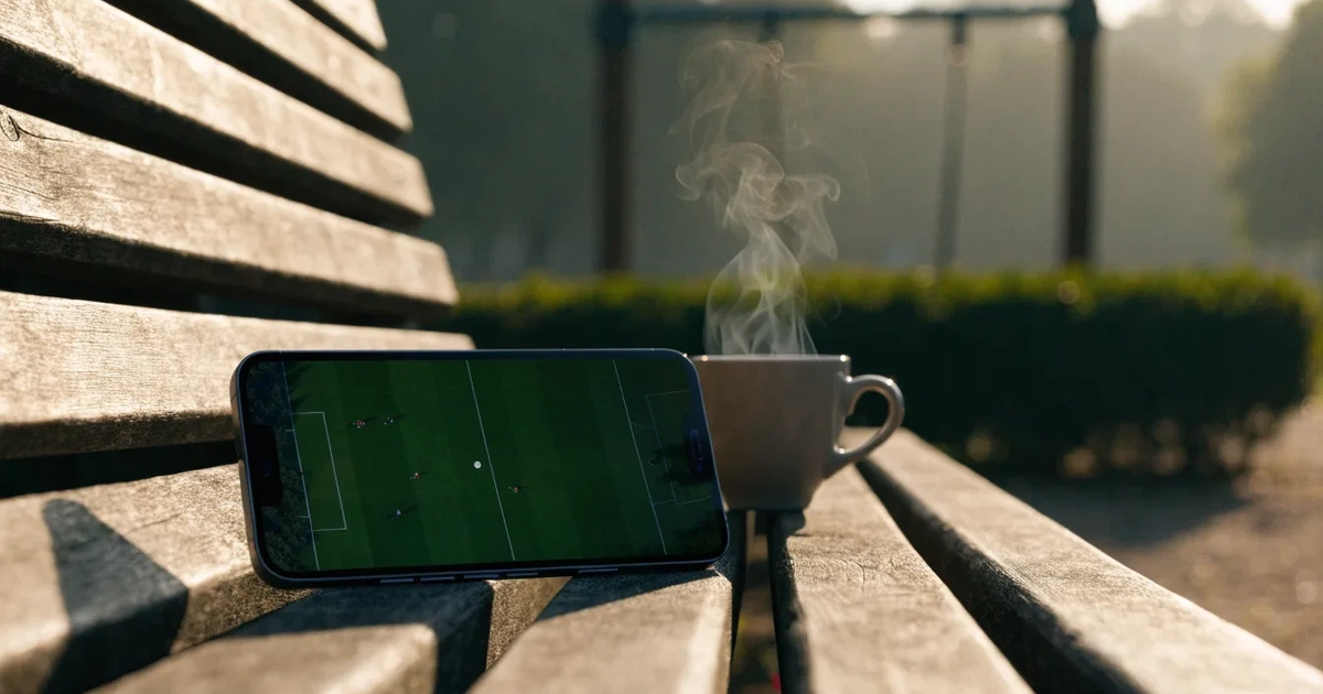 Ein Smartphone mit dunklem Display liegt auf einer Parkbank, daneben ein Kaffeebecher, im Hintergrund ein Spielplatz.