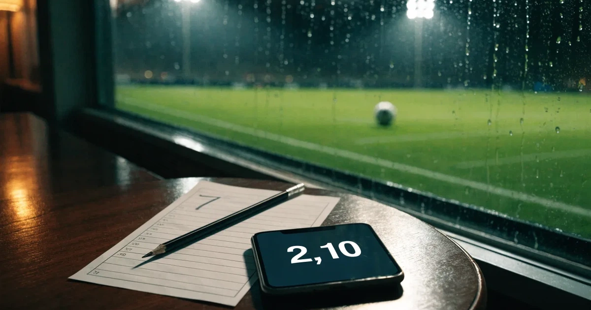 Ein Wetterbarometer hängt an einer Holzwand neben einem Fenster, draussen liegt ein nasser Fussballplatz im Regen.