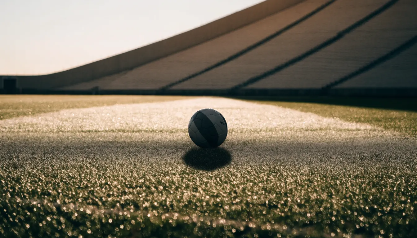 Ein Fussball liegt auf dem Anstosspunkt eines leeren Rasenplatzes im frühen Morgenlicht, dahinter erhebt sich eine menschenleere Tribüne.