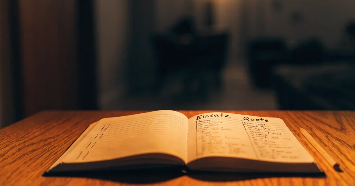Ein aufgeschlagenes Notizbuch mit handschriftlichen Strichlisten und Spalten liegt neben einem Bleistift auf einem Holztisch im warmen Licht einer Schreibtischlampe.