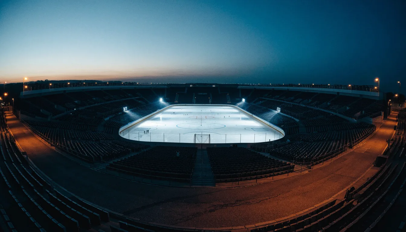 Ein grosses Eisstadion aus der Ferne gesehen, hell erleuchtet von Flutlicht in der Abenddämmerung, davor eine leere Strasse.