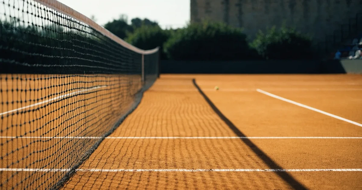 Ein Sandplatz für Tennis liegt bei Sonnenaufgang still da, das Netz wirft einen langen Schatten über die weissen Linien.