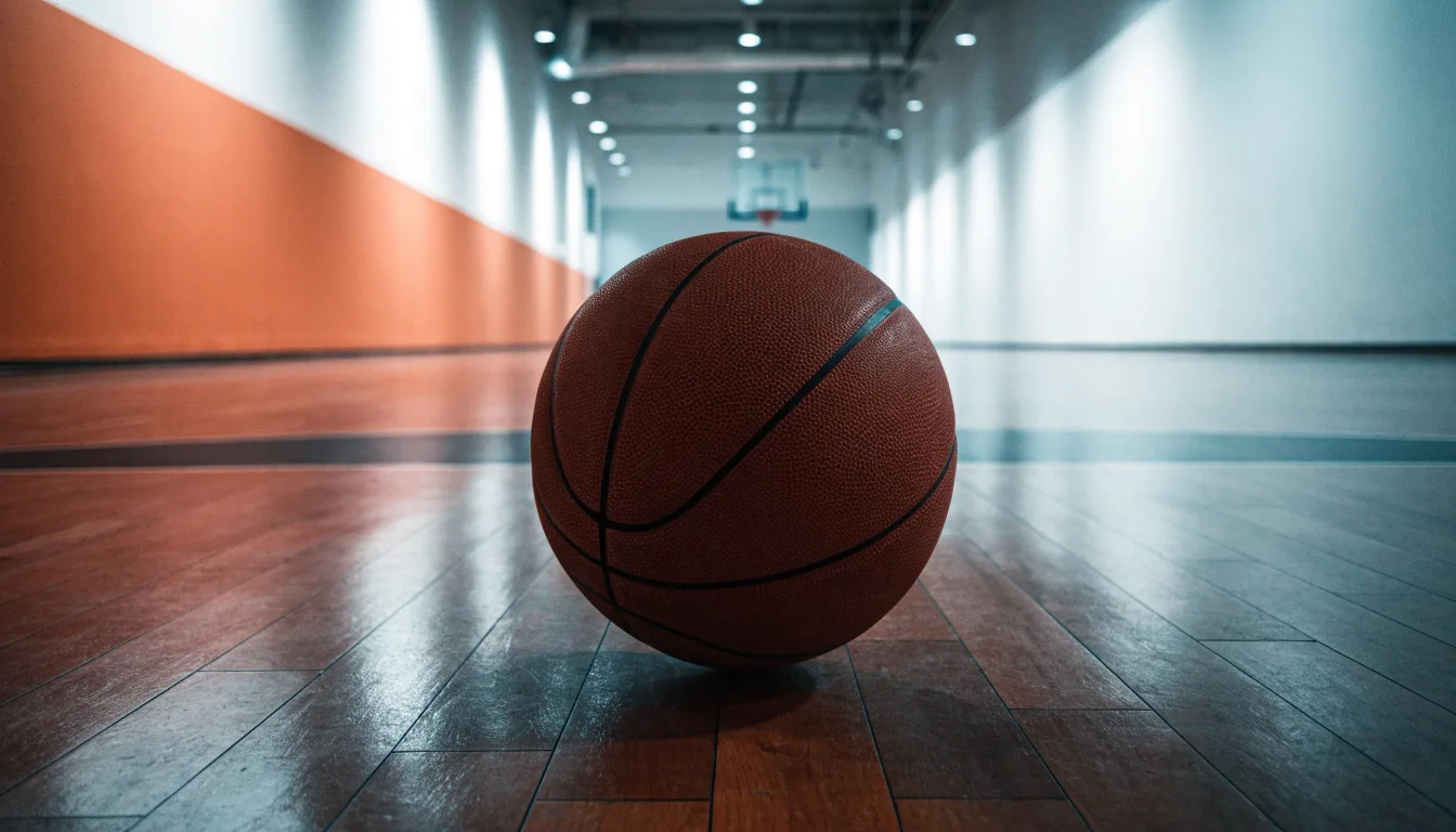 Ein Basketball liegt auf dem Parkett einer leeren Halle, von den Deckenlampen fällt gleichmässiges Licht auf den Boden.