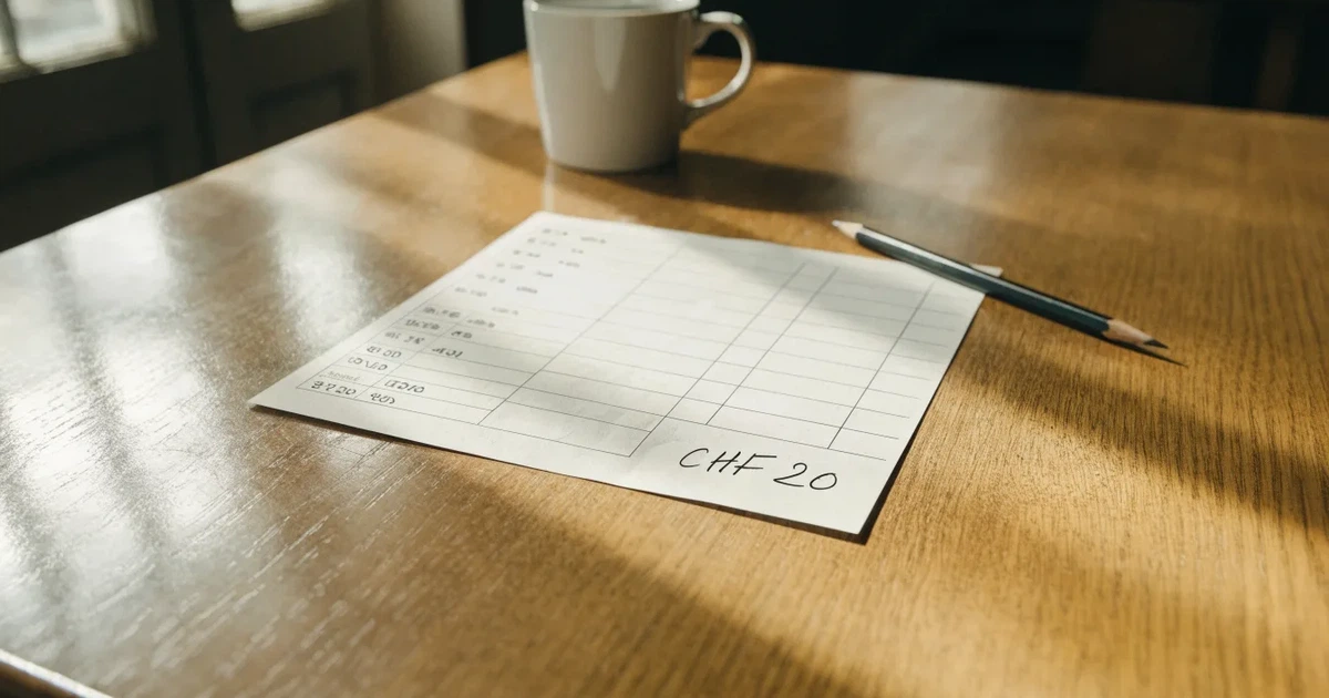 Ein leerer Wettschein aus Papier liegt auf einem Holztisch neben einem Bleistift und einem Kaffeebecher.