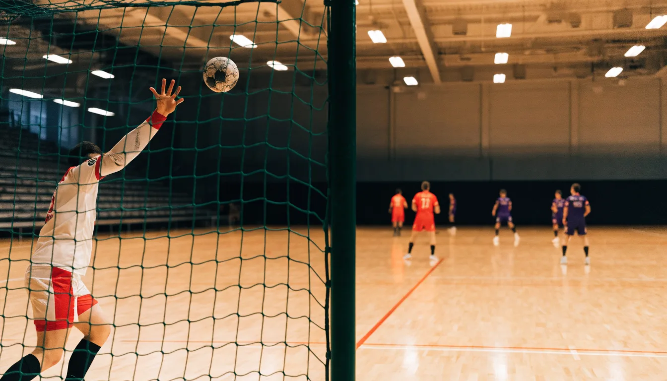 Ein Handballtor in einer leeren Sporthalle, der Ball liegt im Torraum und das Hallenlicht spiegelt sich im Parkett.