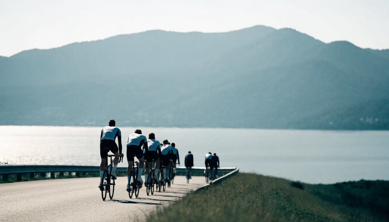 Ein Rennrad lehnt an einem Geländer am Seeufer, dahinter liegt ruhiges Wasser vor einer Bergkette.