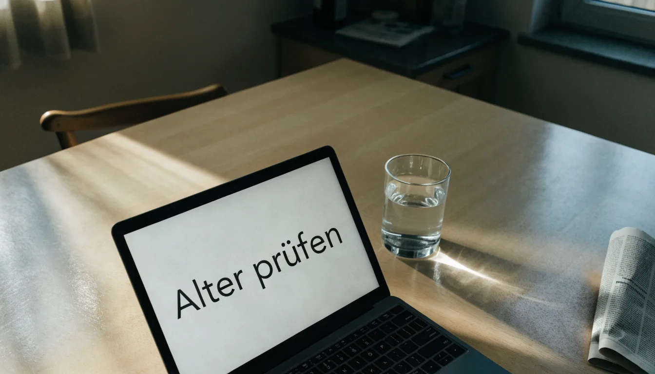 Ein geschlossener Laptop steht neben einem Glas Wasser auf einem Küchentisch im Licht des frühen Morgens.