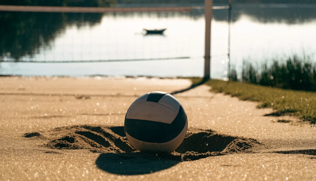 Ein Volleyball liegt im Sand eines Spielfelds am Seeufer, im Hintergrund gleitet ein Boot über das Wasser.