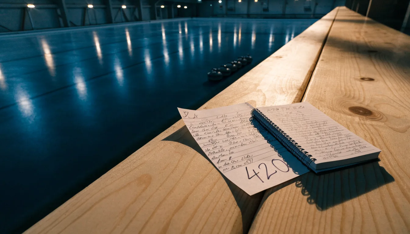 Mehrere Curlingsteine liegen auf einer glatten Eisfläche in einer leeren Halle, Deckenlicht spiegelt sich im Eis.