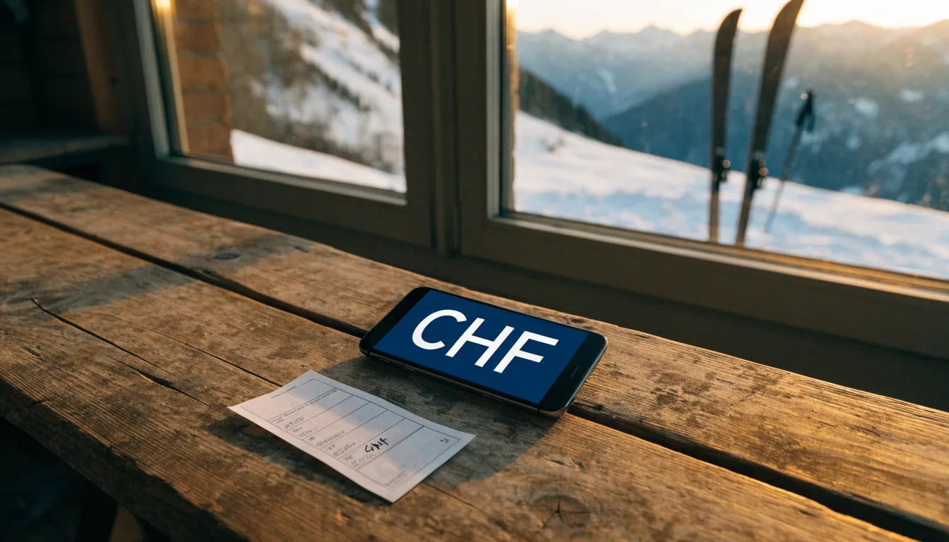 Ein Paar Ski steckt aufrecht im Schnee vor einer Berghütte, im Hintergrund färbt der Sonnenaufgang die Gipfel.