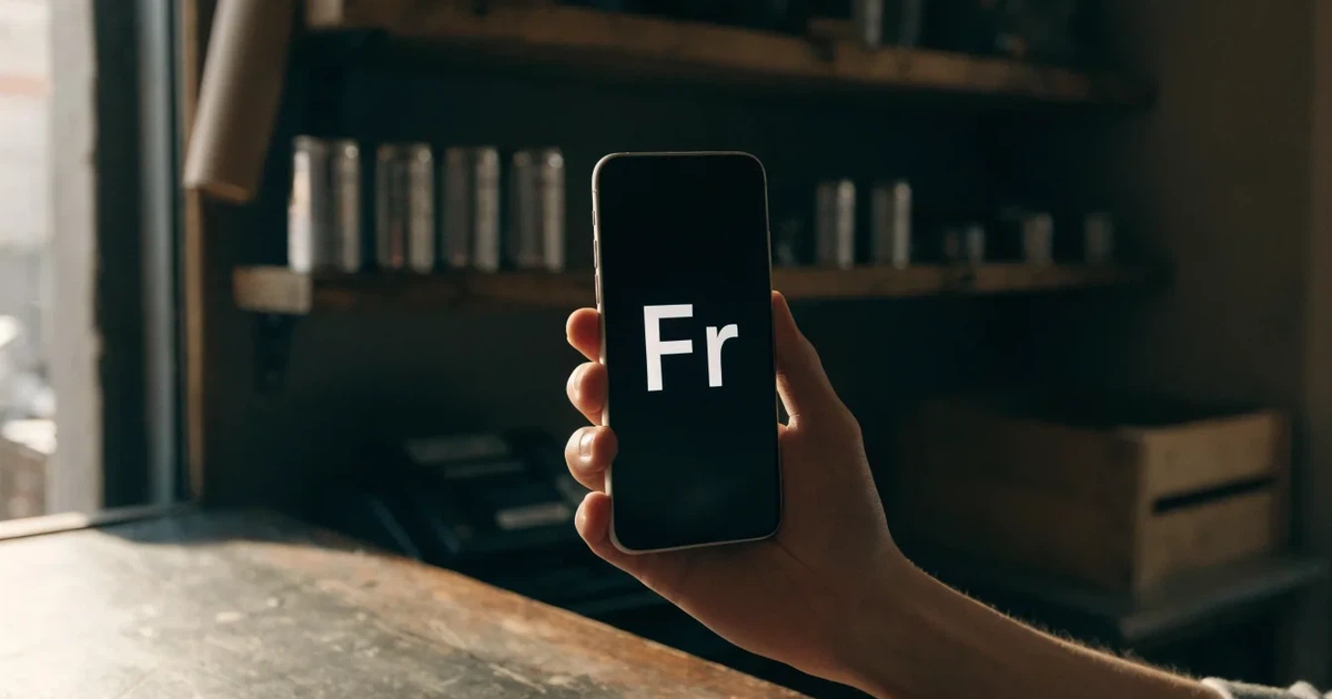 Eine Hand hält ein Smartphone mit dunklem Display knapp über eine hölzerne Ladentheke in einem kleinen Geschäft.