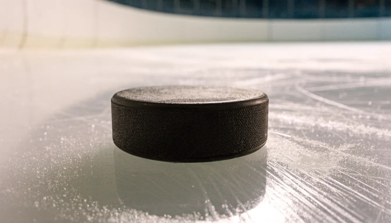 Ein Eishockeypuck liegt in Grossaufnahme auf der Eisfläche, feine Kratzer im Eis glänzen im hellen Hallenlicht.