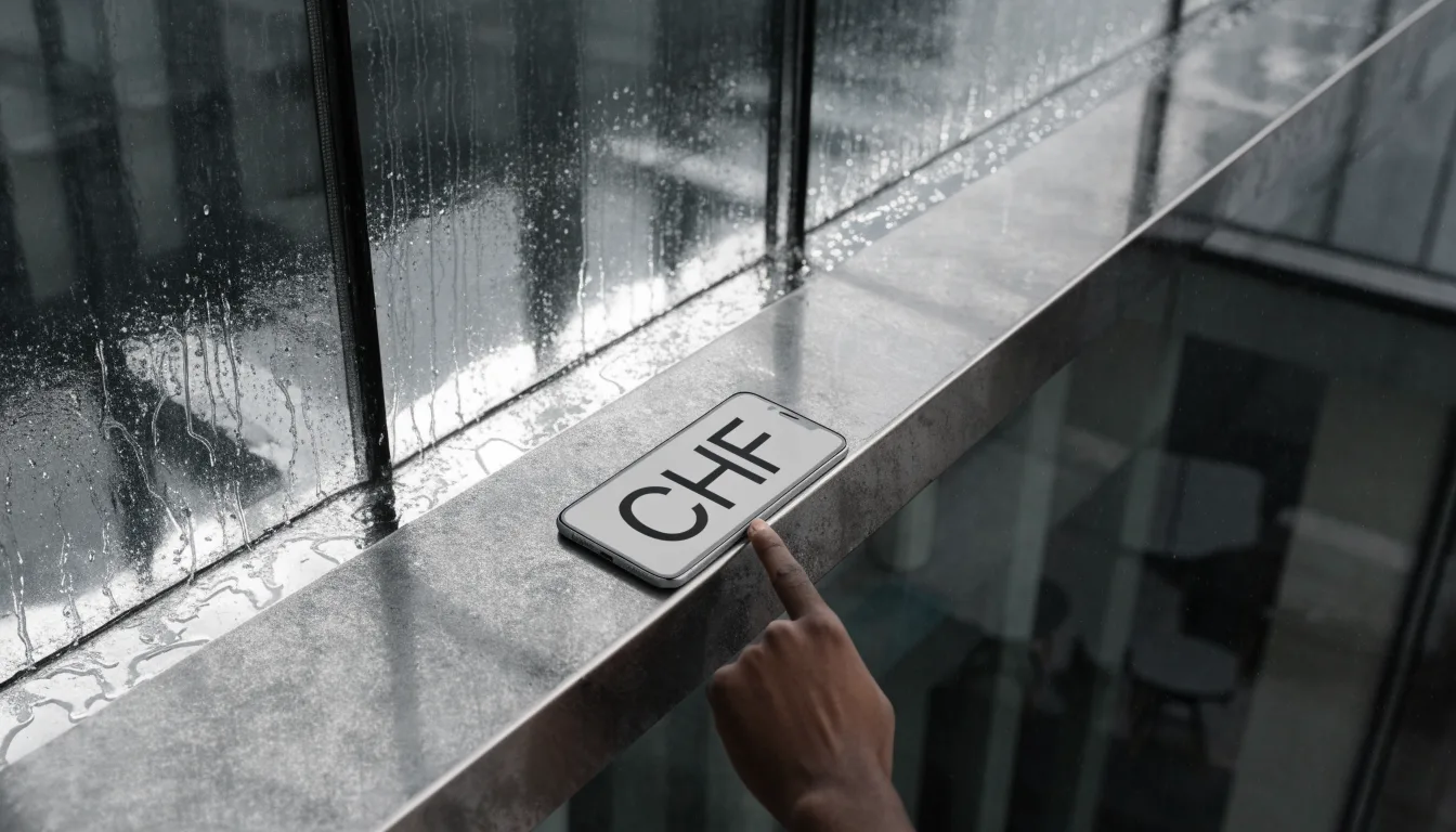 Eine Fassade aus Glas und Stahl am Eingang eines Bürogebäudes im Regen, auf dem nassen Boden spiegelt sich das Licht.