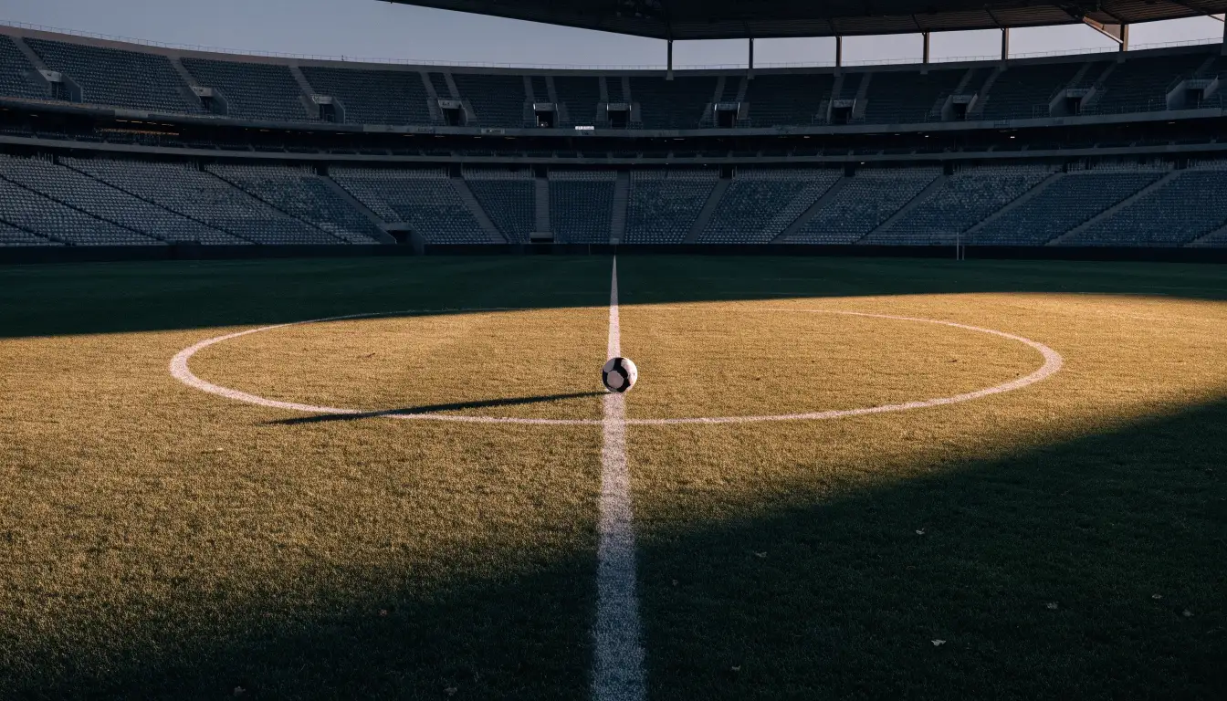 Ein Fussball liegt auf dem Mittelkreis eines leeren Rasenplatzes, dahinter ragen leere Tribünenreihen in den Abendhimmel.