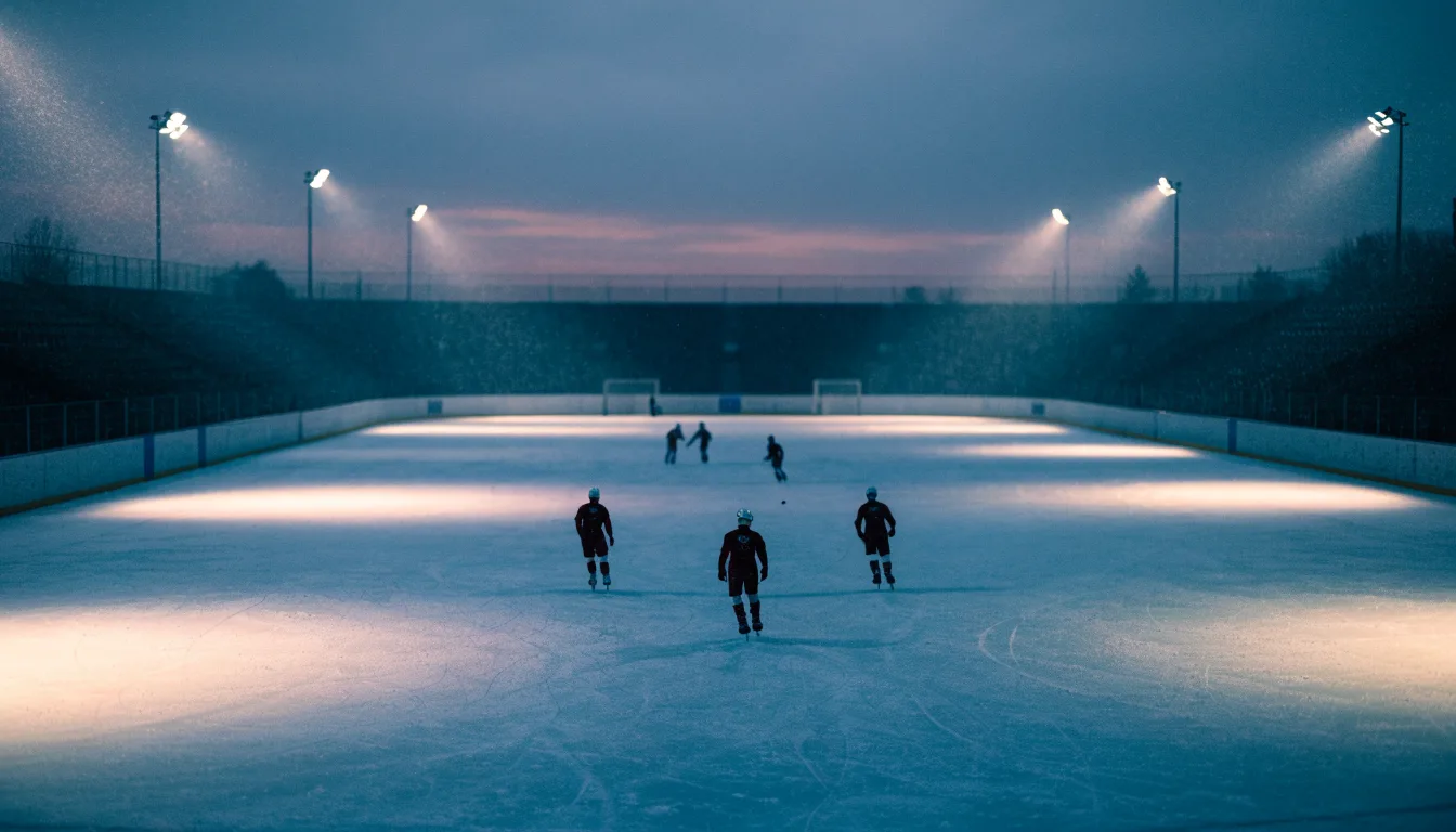 Eine Eishockeybahn liegt unter Flutlicht aus der Ferne betrachtet, leichter Schneefall treibt durch den Lichtkegel über dem Eis.