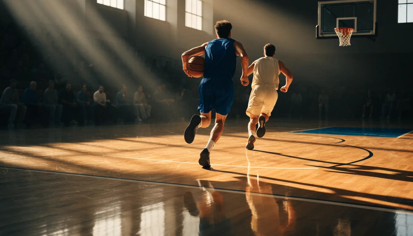 Ein Basketballkorb hängt in einer leeren Halle über einem Holzparkett, von der Decke fällt gleichmässiges Licht auf den Boden.