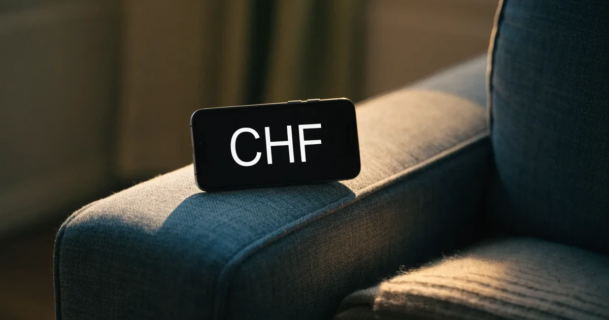 Ein Smartphone mit dunklem Display liegt auf der Lehne eines Sofas neben einer Wolldecke, warmes Abendlicht fällt ins Zimmer.