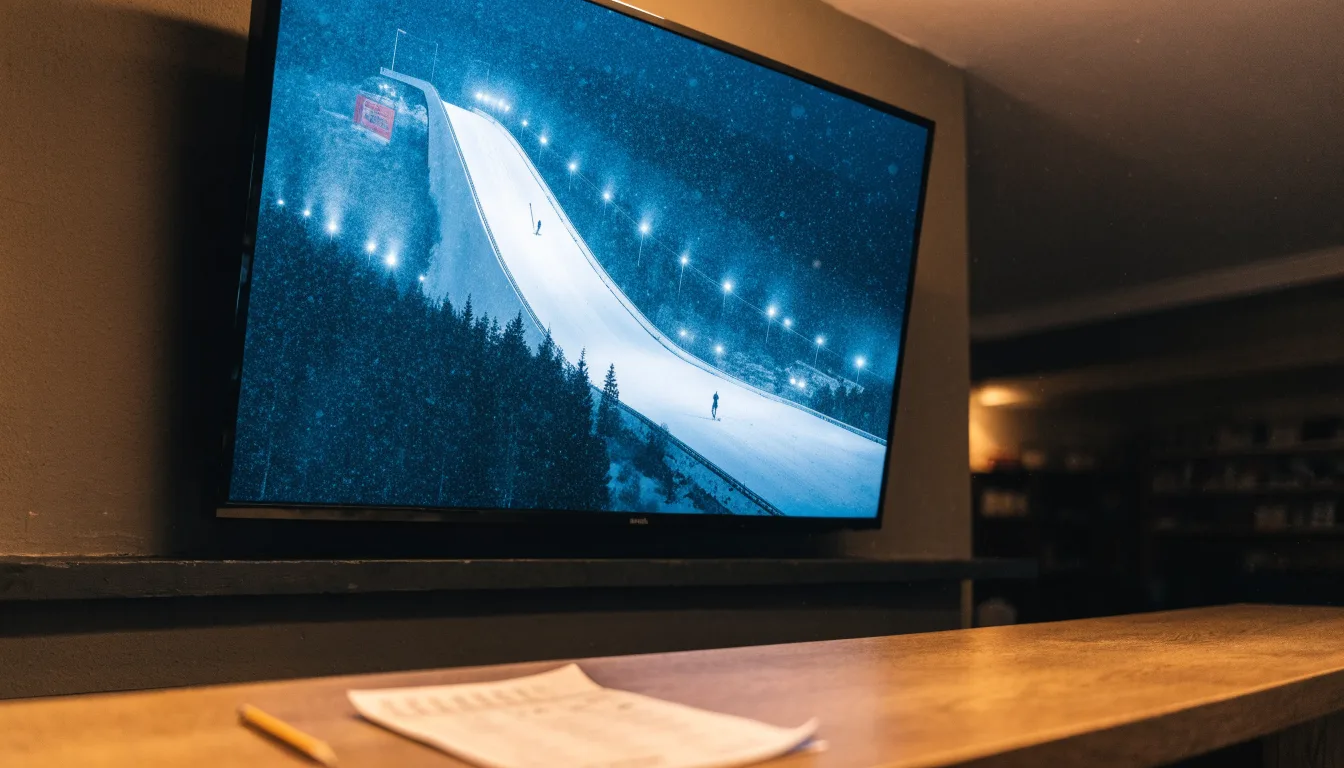 Eine Skisprungschanze steht am Abend im Flutlicht, aus der Ferne betrachtet, umgeben von dunklem Tannenwald und leichtem Schnee.