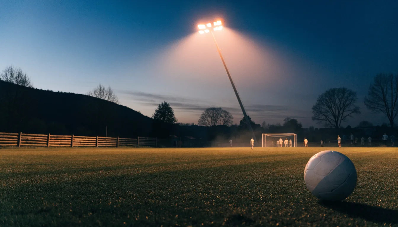 Ein kleiner Dorf-Fussballplatz liegt in der Dämmerung unter einem hohen Flutlichtmast, am Spielfeldrand steht ein Holzzaun.