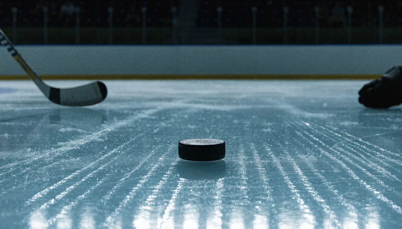 Ein Eishockeypuck liegt auf der Eisfläche neben dem Blatt eines Schlägers, die Bande dahinter ist im Dunkeln nur schwach zu erkennen.