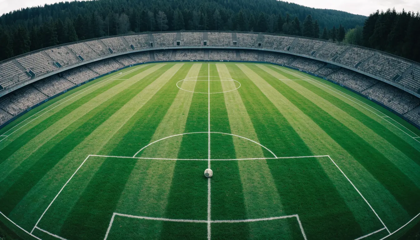 Ein Rasenplatz mit Spielfeldlinien ist von oben gesehen, ein einzelner Ball liegt in der Mitte, rundherum stehen leere Tribünen und Tannenwald.