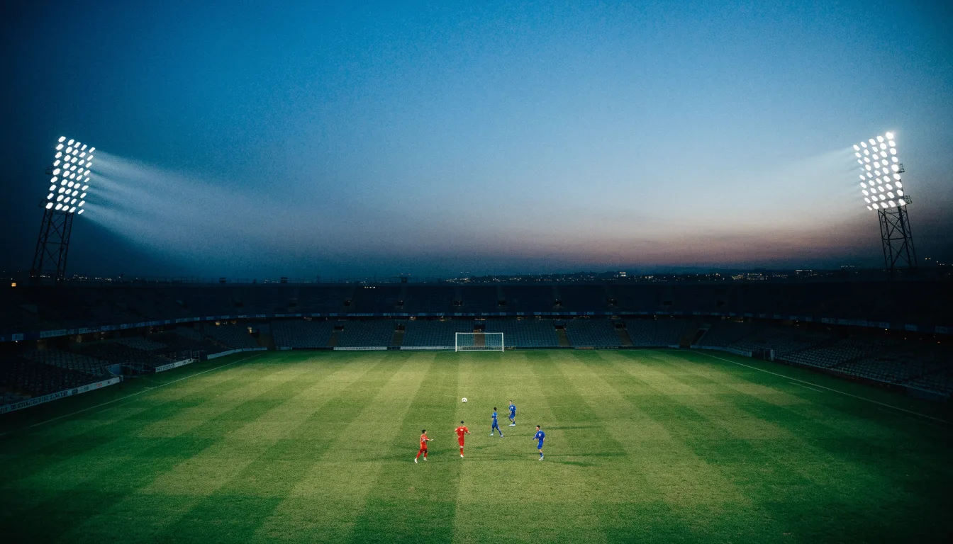 Leere Tribünenränge eines Fussballstadions in der Abenddämmerung, über dem Rasen leuchten die Flutlichter.