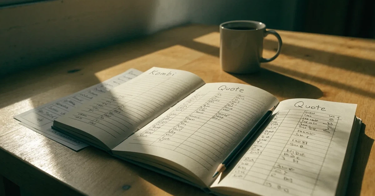 Ein aufgeschlagenes Notizbuch mit handschriftlichen Notizen und ein gespitzter Bleistift liegen auf einem hellen Holztisch im Morgenlicht.