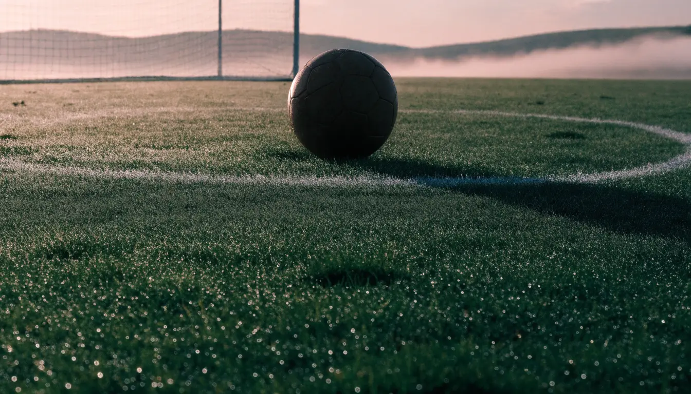 Ein Fussball liegt am frühen Morgen auf dem Anstosspunkt eines taunassen Rasens, im Hintergrund erheben sich Hügel im Dunst.