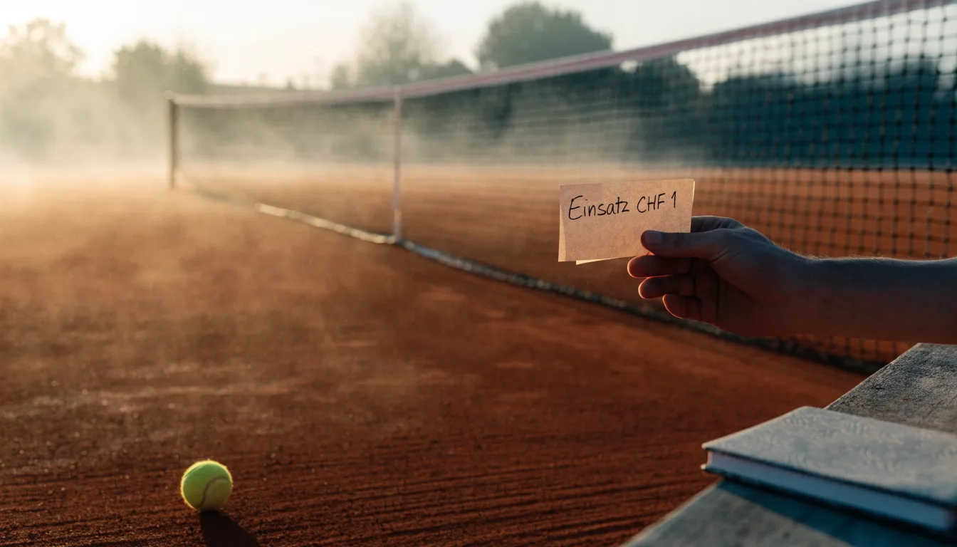 Ein Tennisplatz im Morgengrauen mit gespanntem Netz und feinem Dunst über der roten Asche.