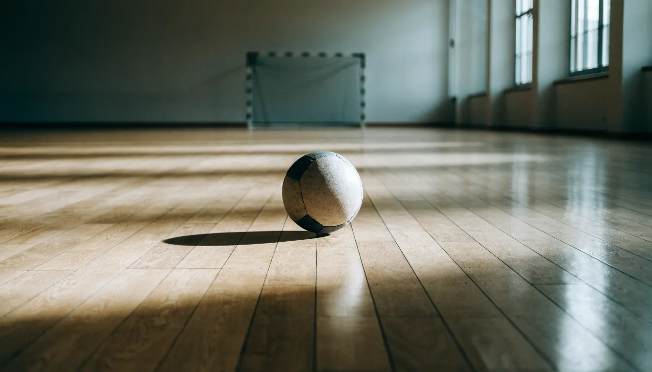 Der Boden einer Sporthalle aus poliertem Parkett mit einem einzelnen Handball in der Mitte, Licht fällt durch hohe Fenster.
