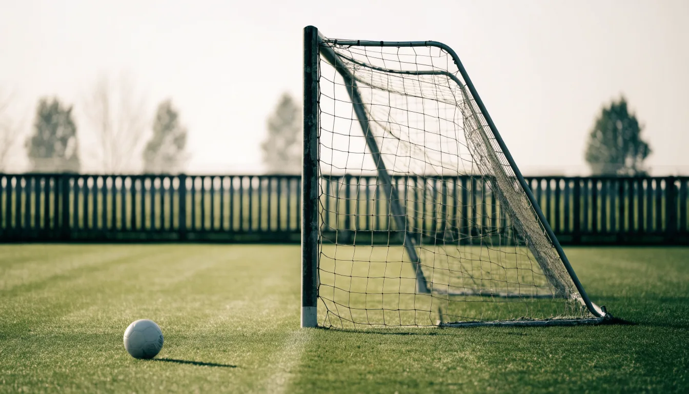 Ein Fussballtor mit locker hängendem Netz auf einem Trainingsplatz, das sich leicht im Wind bewegt.