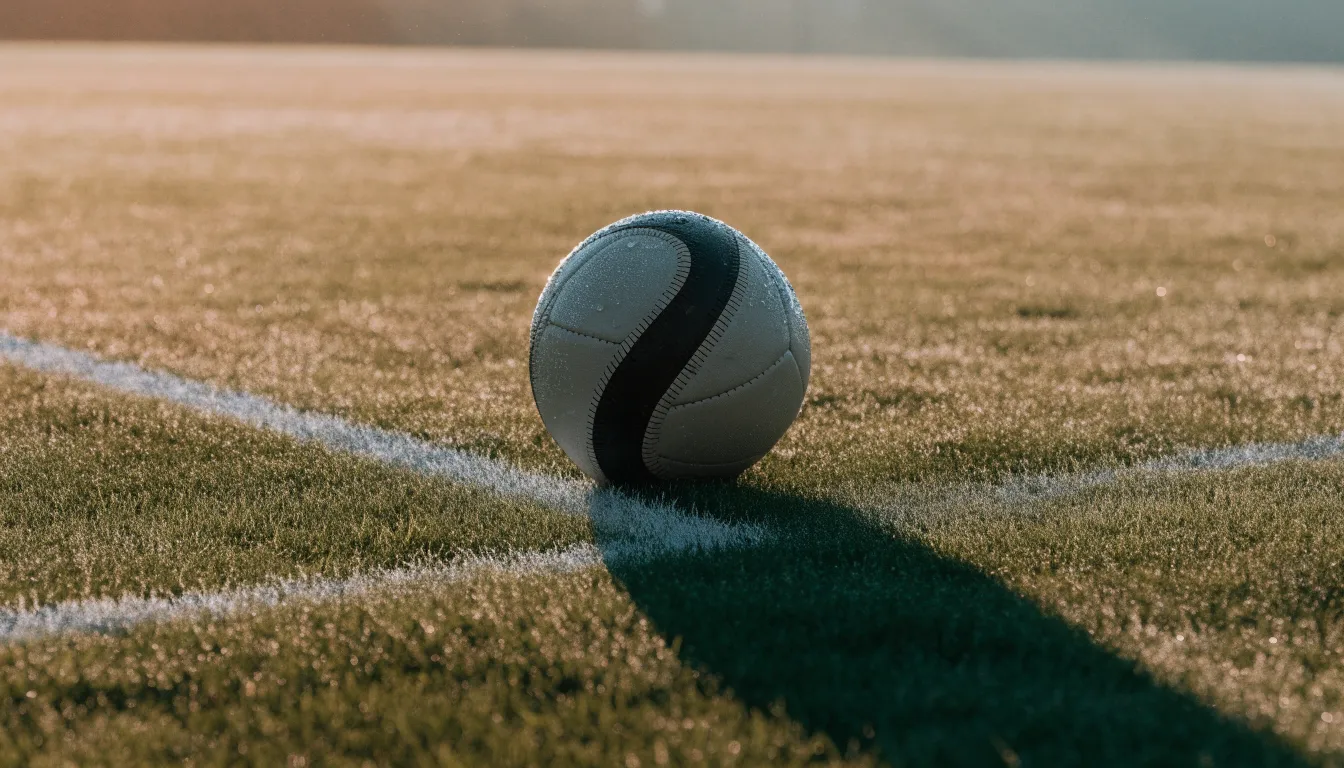 Ein Fussball ruht an der Seitenlinie im taufeuchten Gras, die ersten Sonnenstrahlen fallen schräg über den Platz.