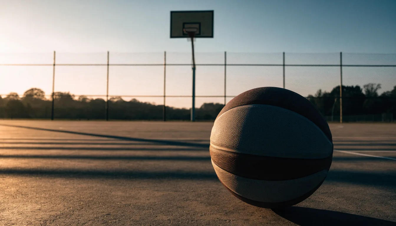 Ein Basketball liegt bei Sonnenuntergang auf einem leeren Aussenplatz, lange Schatten fallen über den Boden.