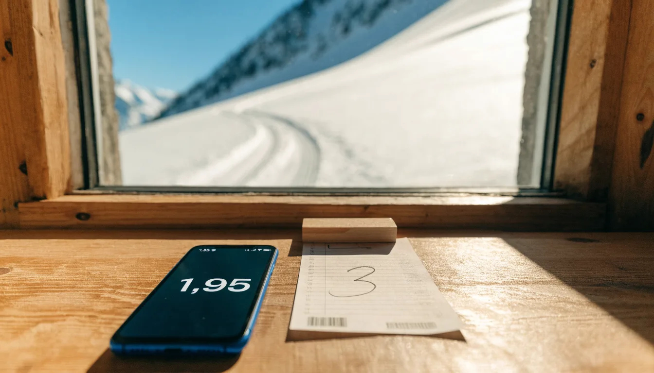 Skispuren im frischen Schnee an einem sonnigen Hang vor blauem Himmel.