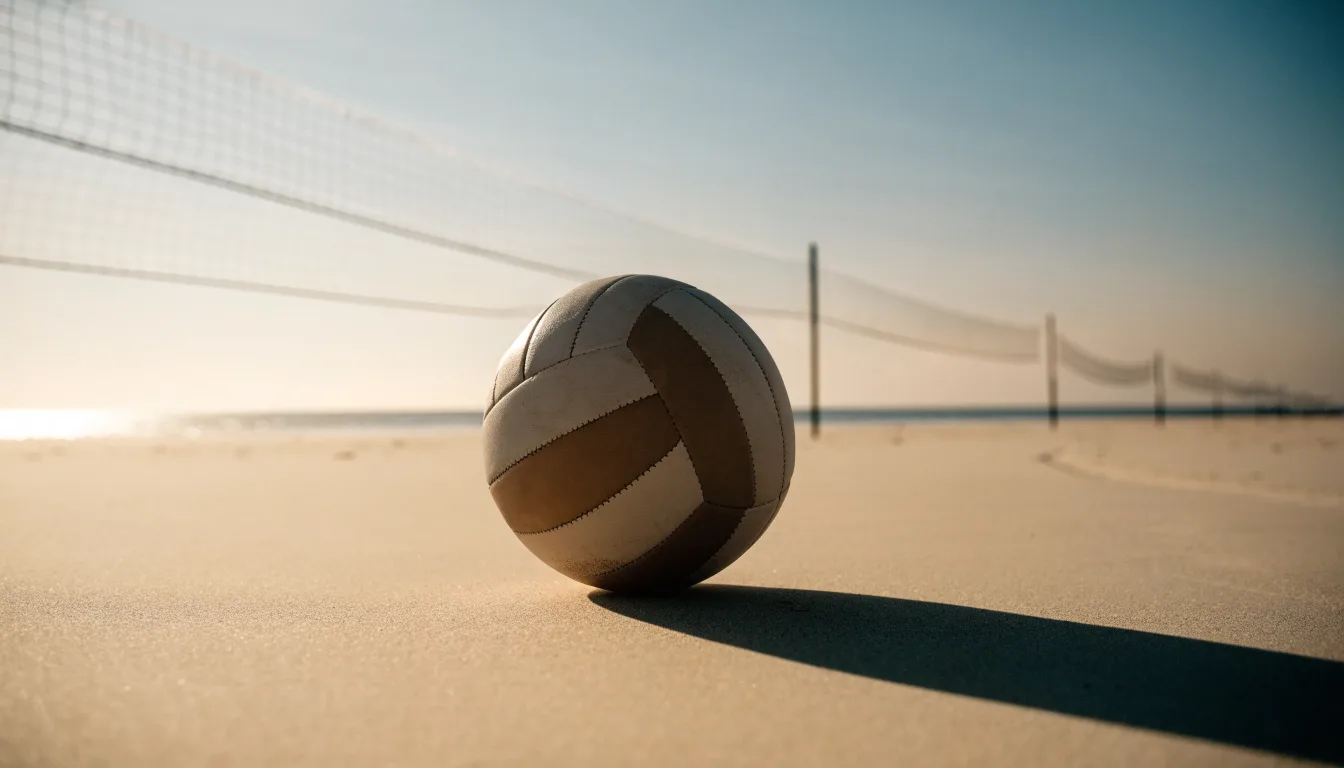 Ein Volleyball liegt auf feinem Sand an einem leeren Strand bei Sonnenaufgang.