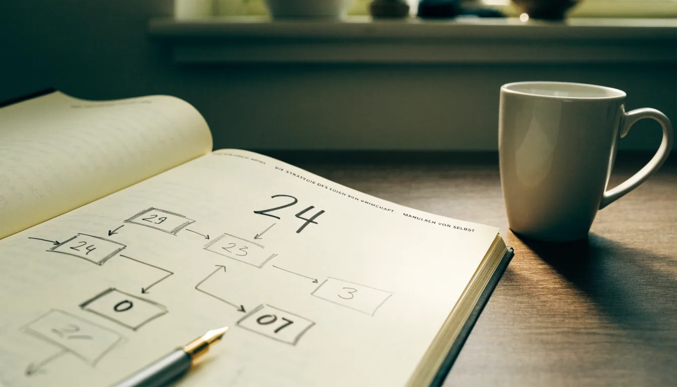 Ein aufgeschlagenes Notizbuch mit handschriftlichen Pfeilen und Kästchen liegt neben einer Kaffeetasse auf einem Schreibtisch am Fenster.