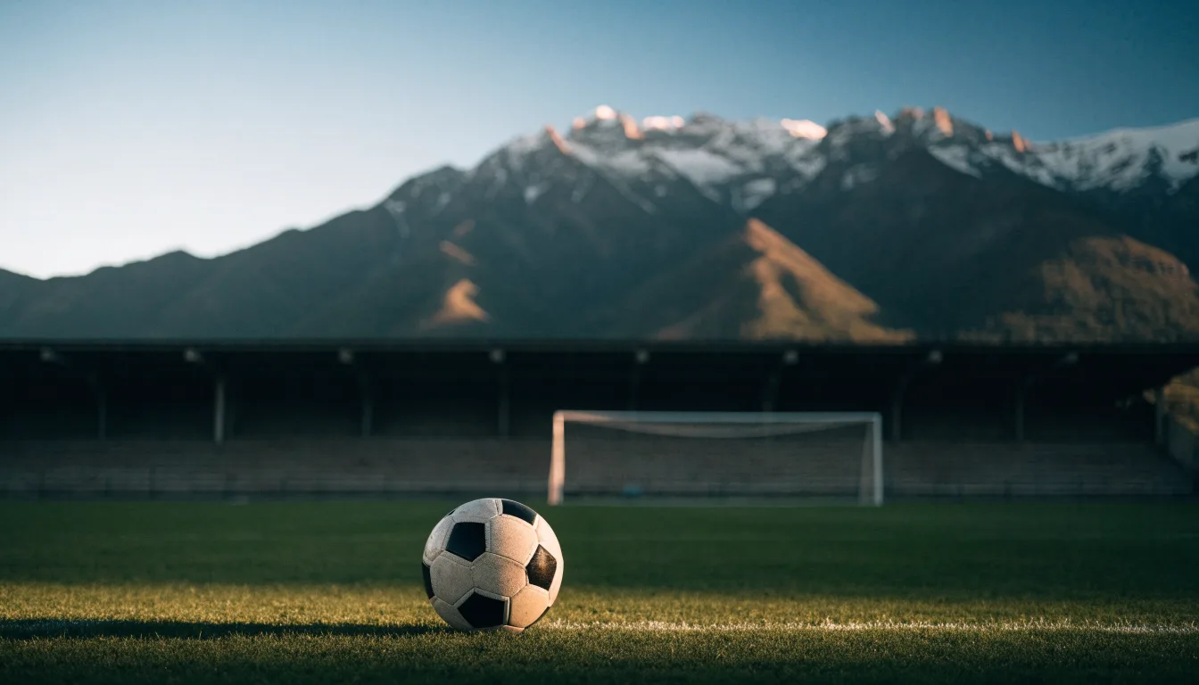 Ein Fussball liegt auf dem Rasen eines leeren Stadions am frühen Abend, dahinter erheben sich schneebedeckte Berge unter klarem Himmel.