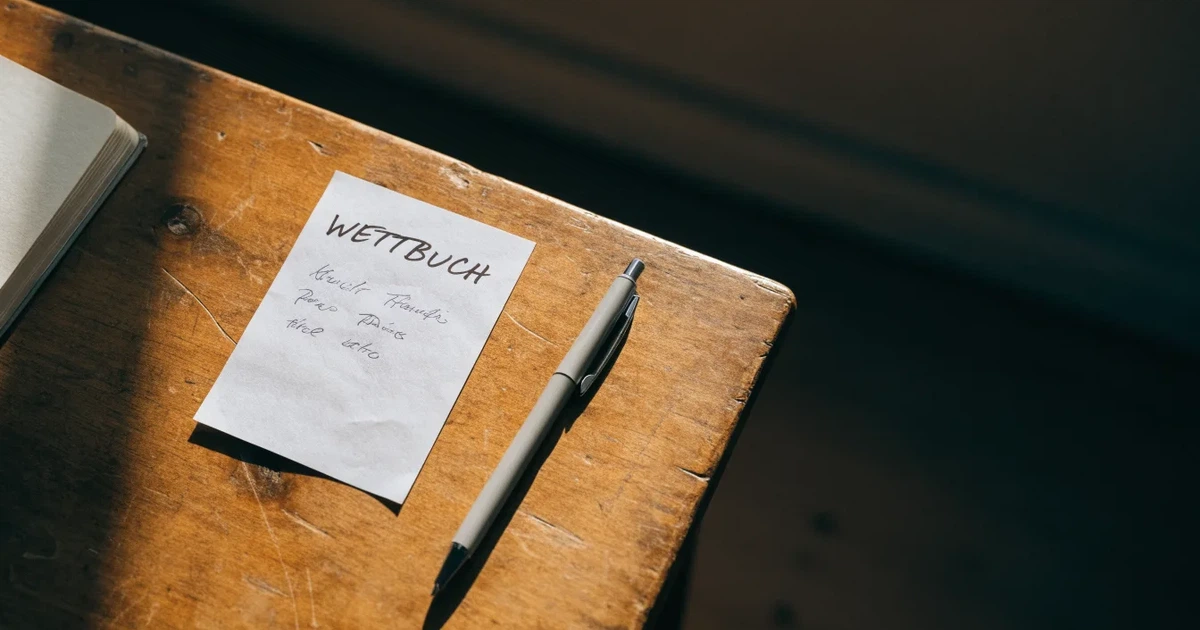 Ein Schachbrett mit mehreren Figuren mitten in einer Partie steht auf einem Holztisch, daneben liegt ein Stift.