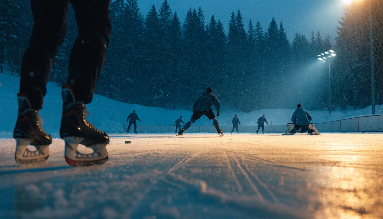 Aus der Ferne ist eine Eisbahn unter Flutlicht in der Winterdämmerung zu sehen, am Rand liegt frischer Schnee.