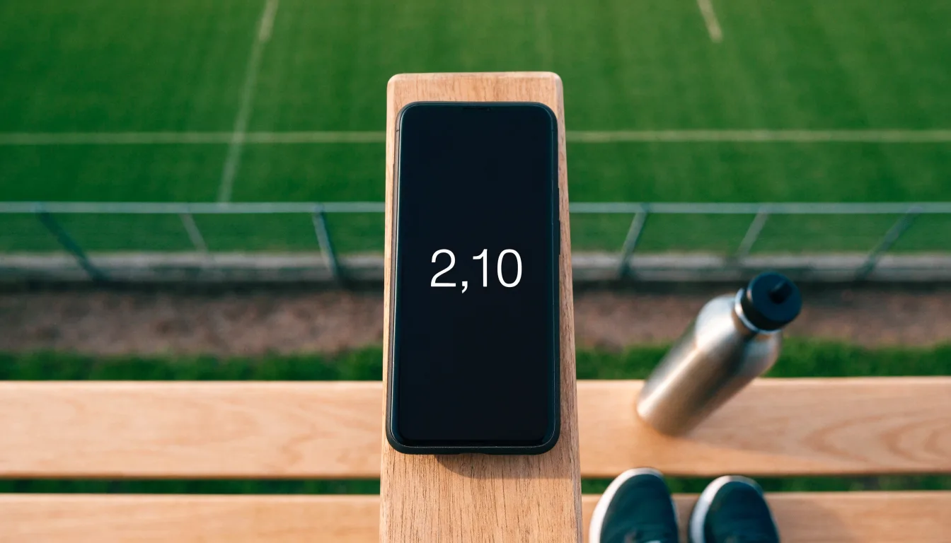 Ein Smartphone mit dunklem Bildschirm lehnt an einer Wasserflasche, daneben stehen Laufschuhe auf einer Bank am Sportplatz.