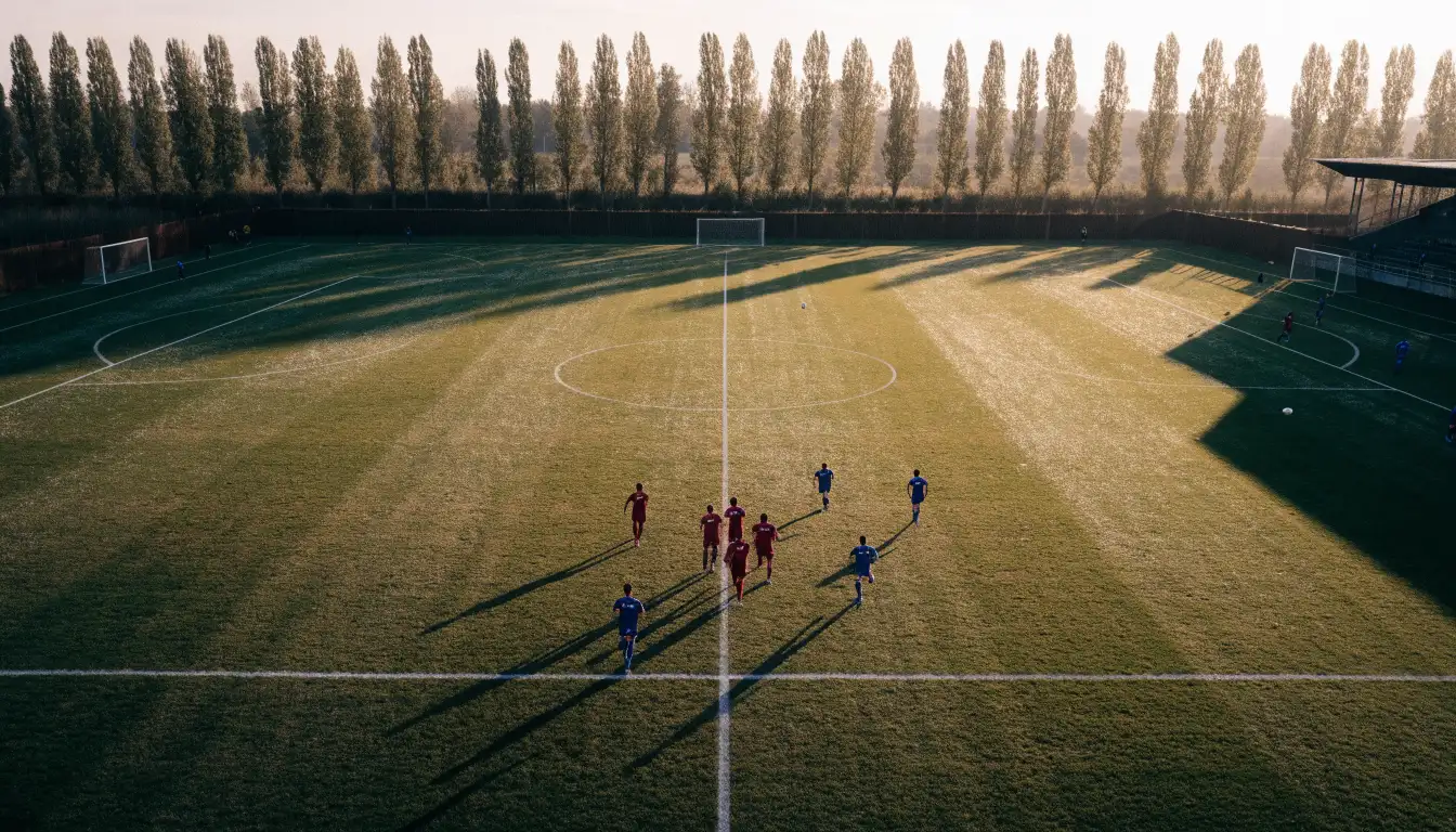 Ein leerer Fussballplatz mit weissen Linien von oben gesehen im Morgenlicht, am Rand stehen zwei Tore und eine Reihe Pappeln.
