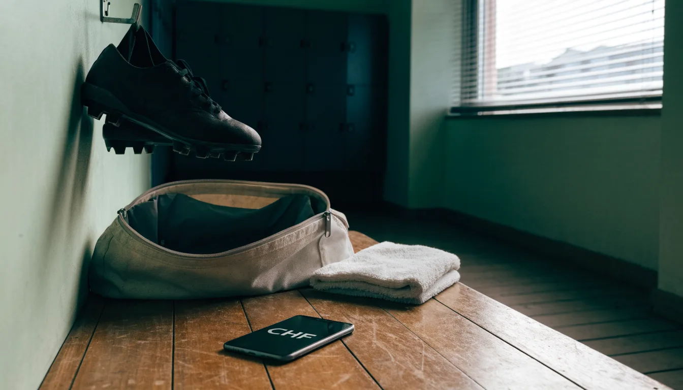 Ein Paar Fussballschuhe hängt an einem Haken in einer ruhigen Umkleide, darunter steht eine Sporttasche auf einer Holzbank.