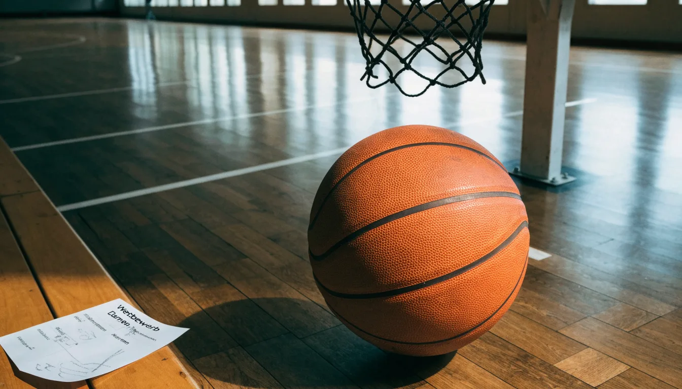 Ein Basketball liegt unter dem Korb in einer leeren Sporthalle, durch hohe Fenster fällt Tageslicht auf das Parkett.