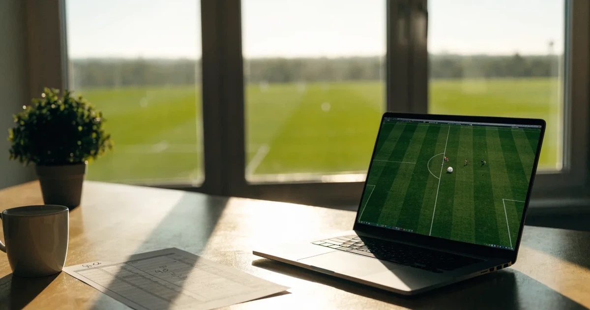 Ein aufgeräumter Schreibtisch mit Pflanze und Tasse in einem Heimbüro, vor dem Fenster liegt ein Fussballplatz im Gegenlicht.
